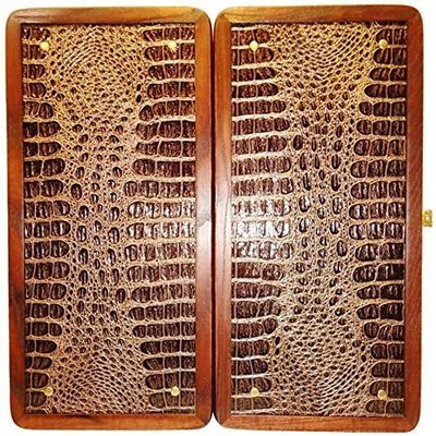 16" Backgammon Board Game Set, Wood & Crocodile Leather, Pieces & Dices