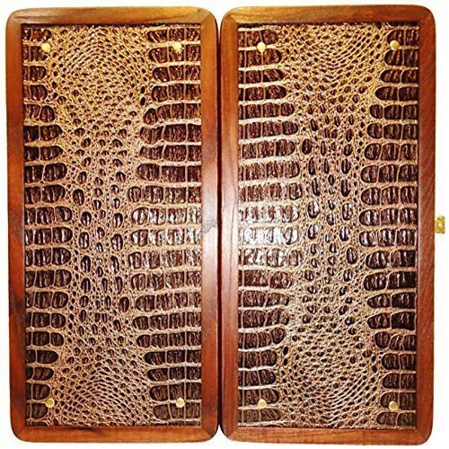 16" Backgammon Board Game Set, Wood & Crocodile Leather, Pieces & Dices