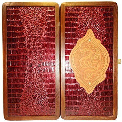 16" Backgammon Board Game Set Dragon, Wood & Crocodile Leather, Pieces & Dices