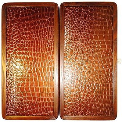 16" Backgammon Board Game Set, Wood & Crocodile Leather, Pieces & Dices