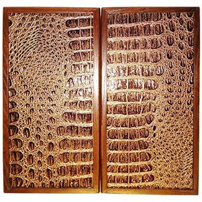 12" Backgammon Board Game Set, Wood & Crocodile Leather, Pieces & Dices