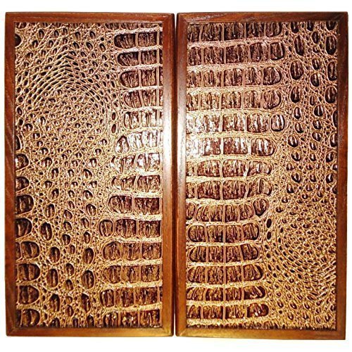 12" Backgammon Board Game Set, Wood & Crocodile Leather, Pieces & Dices