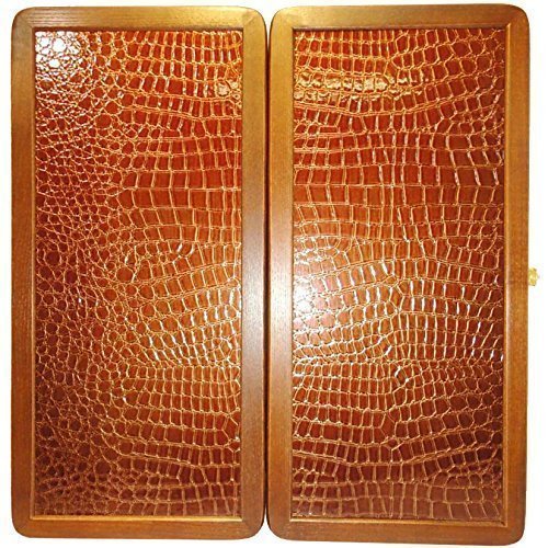 20" Backgammon Board Game Set, Wood & Crocodile Leather, Pieces & Dices
