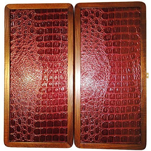 16" Backgammon Board Game Set, Wood & Crocodile Leather, Pieces & Dices