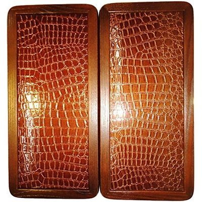 15" Backgammon Board Game Set, Wood & Crocodile Leather, Pieces & Dices