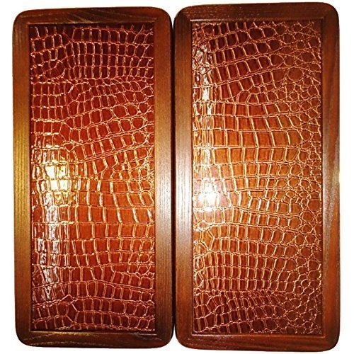 15" Backgammon Board Game Set, Wood & Crocodile Leather, Pieces & Dices