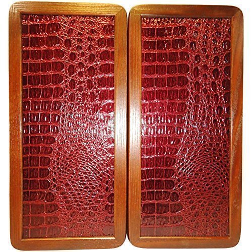 15" Backgammon Board Game Set, Wood & Crocodile Leather, Pieces & Dices