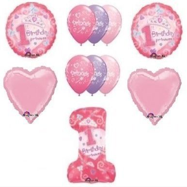 #1 First One 1st GIRL Princess Tiara Pink Hearts 11 Birthday Party Balloons Set