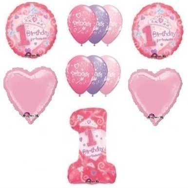 #1 First One 1st GIRL Princess Tiara Pink Hearts 11 Birthday Party Balloons Set