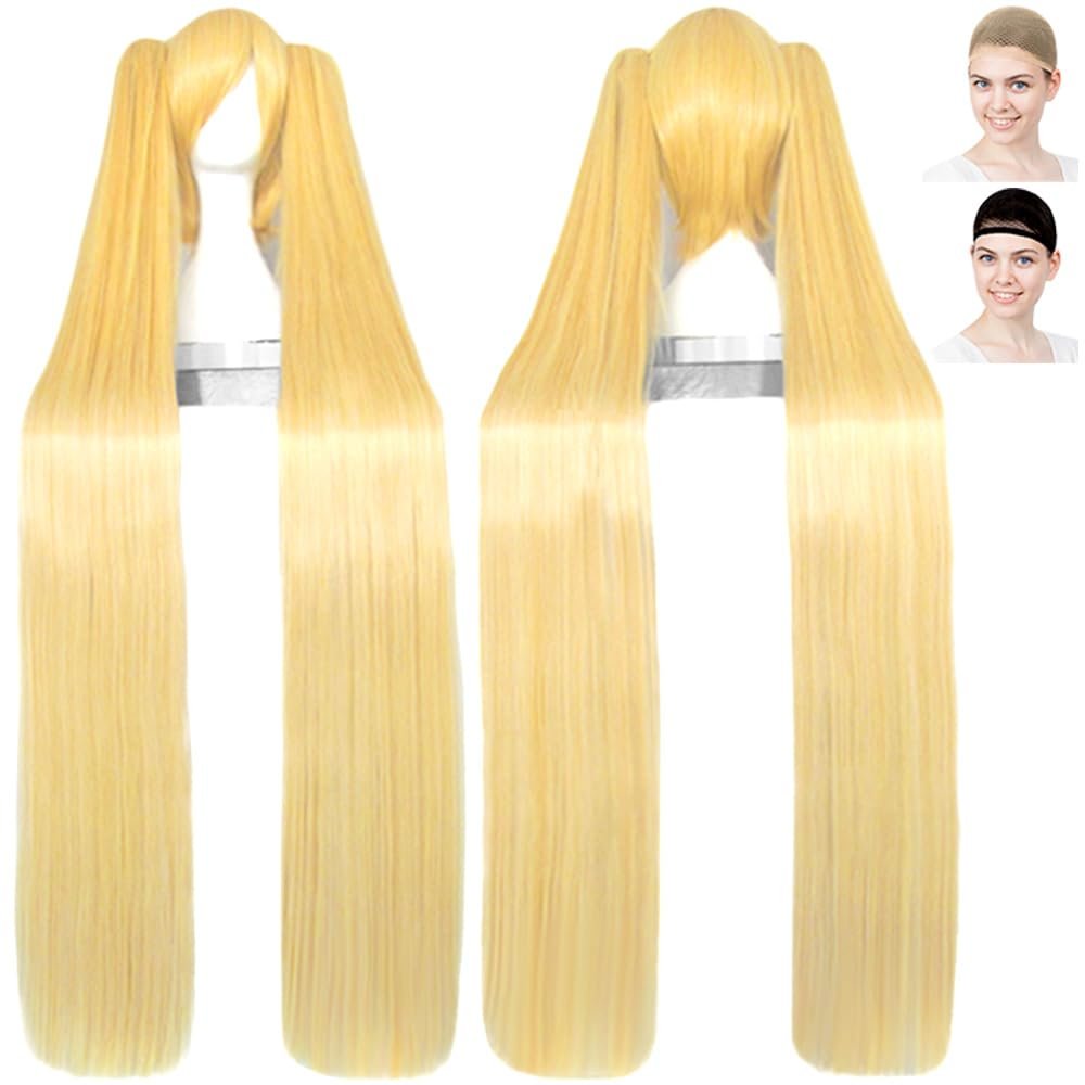 CaseEden AKB0048 VOCALOID Cosplay Wig, Hatsune Miku Gold Miku P-Style CG, Abokunel, Abokunel, Yuka Ichijo & Vance, 47.2 inches (120 cm), Mixed Gold, Blonde, White Merce Wig Net, Set of 2