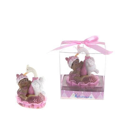 Lunaura Baby Keepsake - Set of 12 "Boy" Black Ethnic Baby Playing with Stork Favors - Pink