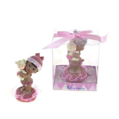 Lunaura Baby Keepsake - Set of 12 "Girl" Black Ethnic Baby Holding Teddy Bear Favors - Pink