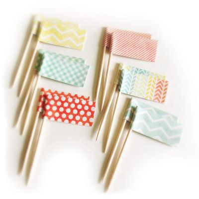 12 Mint, Coral, Yellow. Chevron, Stripe, Polka Dot Flag Party Pick Cupcake Toppers, Hand Cut Card Stock Attached to Toothpick