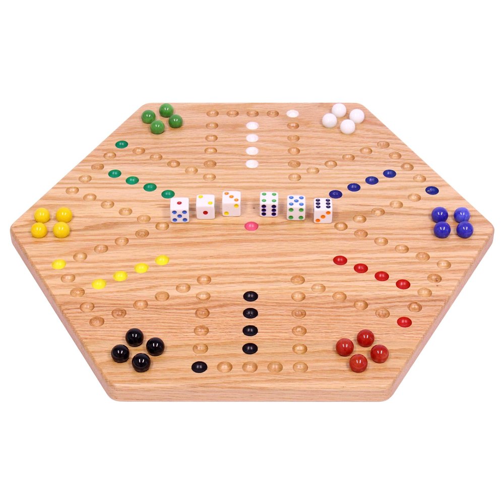 AmishToyBox.com Wahoo Marble Game Board Set - 16" Wide - Solid Oak Wood - Double-Sided - with 16mm Marbles and Dice Included