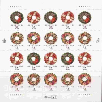 1998 Christmas Wreaths - Sheet of Twenty 32 Cent Stamps - Scott 3249-52