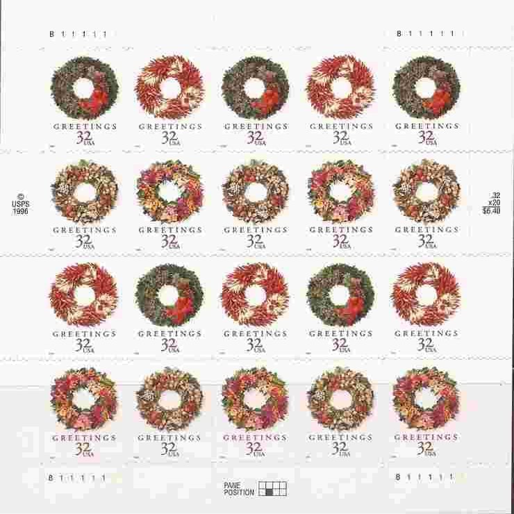 1998 Christmas Wreaths - Sheet of Twenty 32 Cent Stamps - Scott 3249-52