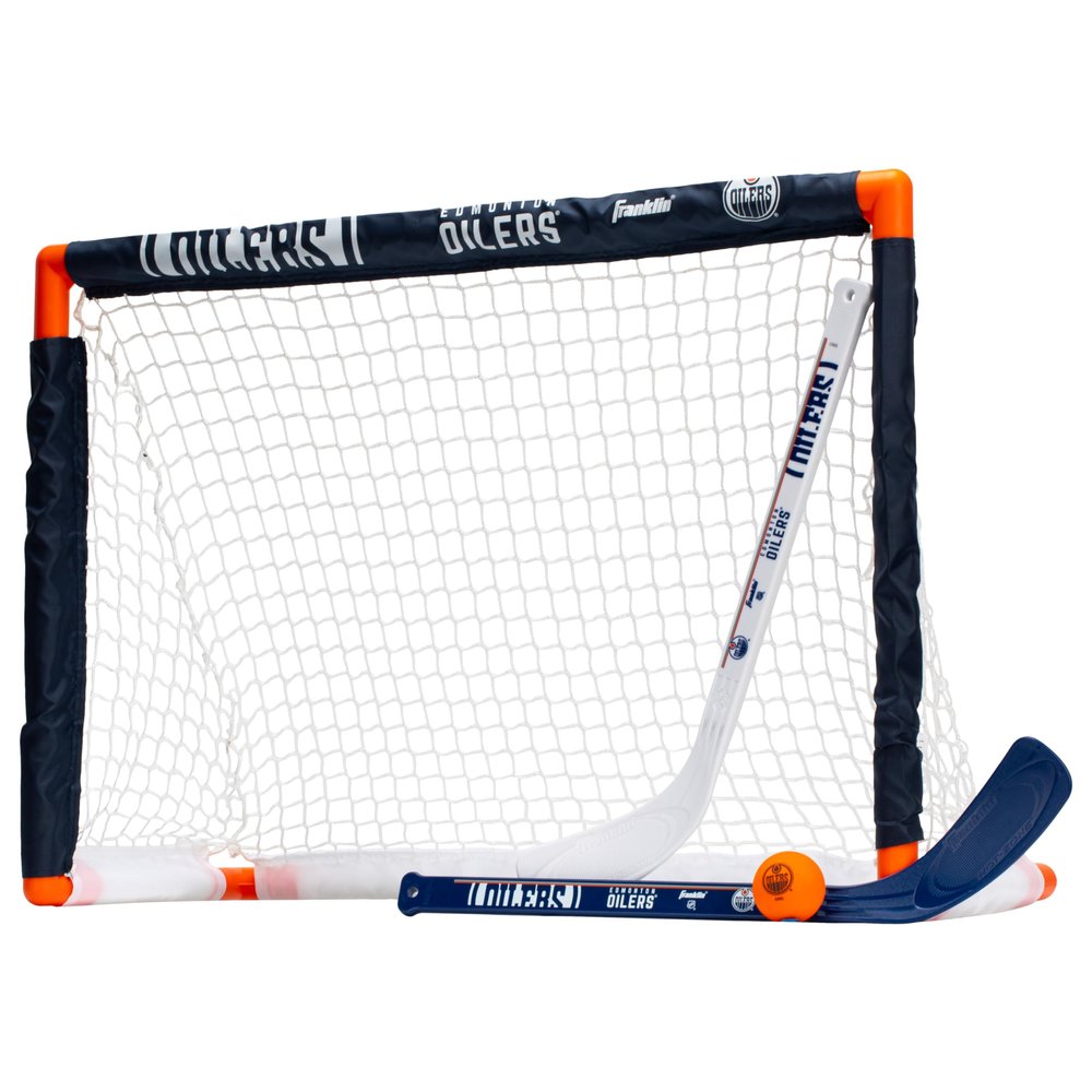 Franklin Sports NHL Edmonton Oilers Mini Hockey Set - Kids Indoor Knee Hockey Goal, Ball, + 2 Mini Stick Combo Set - Youth NHL Team Indoor Toy Sets - Ages 3+
