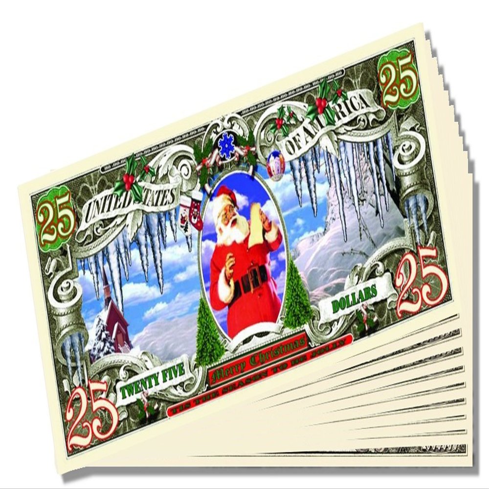 $25 Christmas Dollars Novelty $25 Bill - 10 Count with Bonus Clear Protector & Christopher Columbus Bill