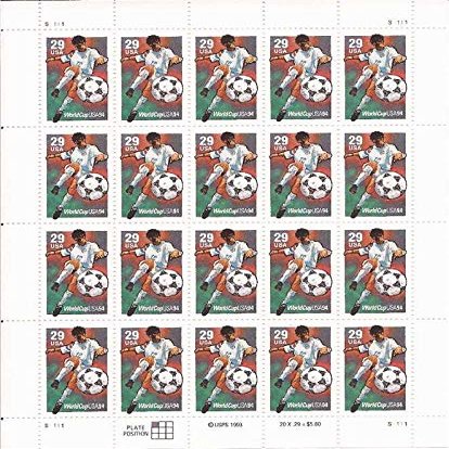US Stamp - 1994 29c World Cup Soccer - 20 Stamp Sheet - Scott #2834