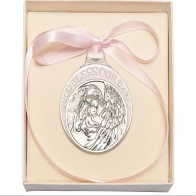 Baby with Guardian Angel Pewter Crib Medal with Pink Ribbon - Boxed.