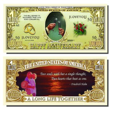 15 Count - Happy Anniversary Million Dollar Bill with Bonus Christopher Columbus Bill
