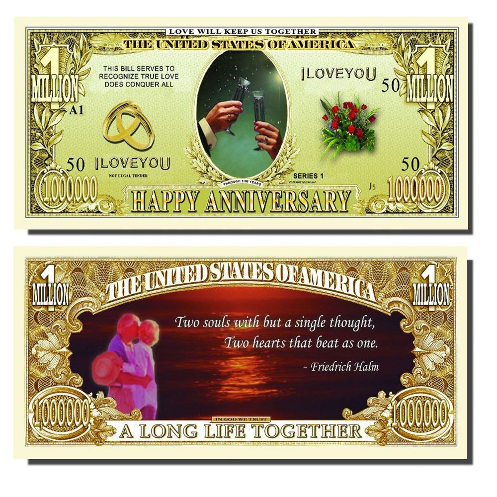 15 Count - Happy Anniversary Million Dollar Bill with Bonus Christopher Columbus Bill