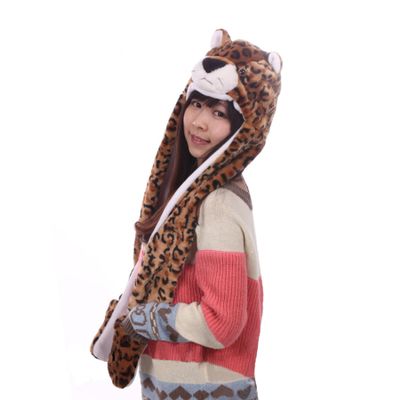 TONWHAR Cartoon Animal Hood Hoodie Hat with Attached Scarf and Mittens (Leopard)