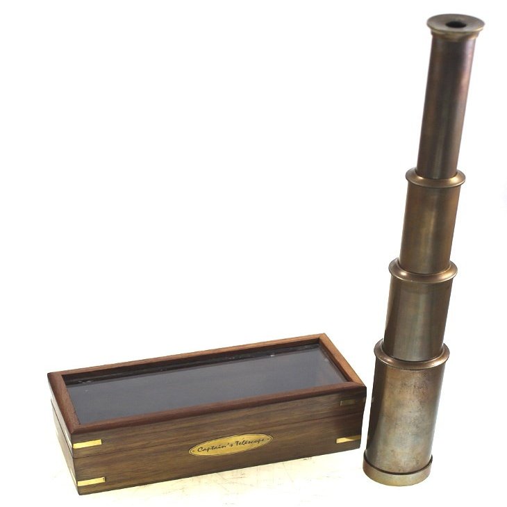 15" Antique Finish Brass Maritime Telescope with Wood Box - Nautical Captain