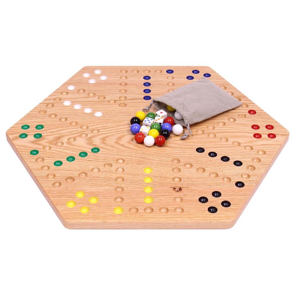 AmishToyBox.com Wahoo Marble Game Board Set - 20" Wide - Solid Oak Wood - Double-Sided - with Large 18mm Marbles and Dice Included
