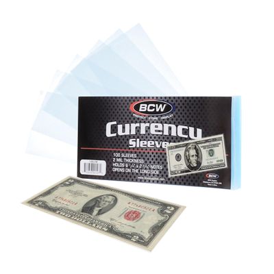BCW Regular Bill Currency Sleeves  100 Pack | Thin, Low-Bulk, Acid-Free Polypropylene Sleeves for US Paper Currency | Clear Protective Sleeves for Handling