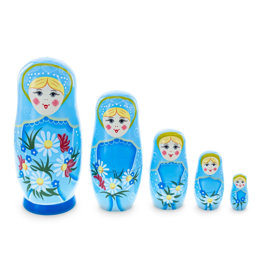 BestPysanky 6" Set of 5 Girls with Daisy Flowers & Blue Skirt Wooden Russian Nesting Dolls