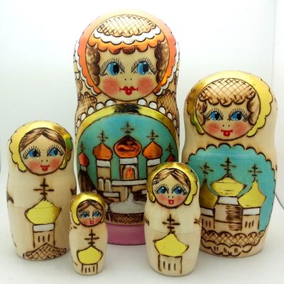Gifts Church Nesting Dolls Wood Burned Hand Carved Hand Painted 5 piece DOLL Set / 7" H