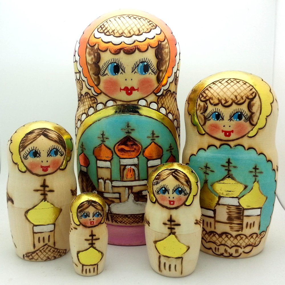 Gifts Church Nesting Dolls Wood Burned Hand Carved Hand Painted 5 piece DOLL Set / 7" H