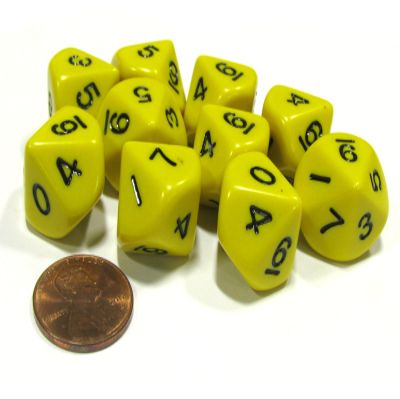 10 Piece Set of 10-Sided D10 Polyhedral Dice - Yellow with Black Numbers
