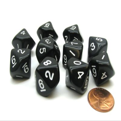 10 Piece Set of 10-Sided D10 Polyhedral Dice - Black with White Numbers