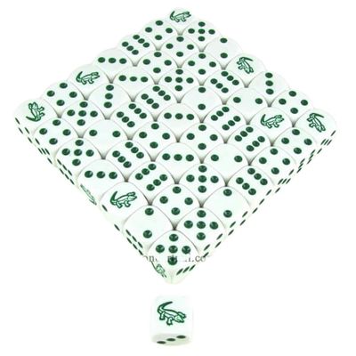 Alligator Dice White Opaque with Green Pips D6 16mm (5/8in) Bulk Pack of 50 Koplow Games