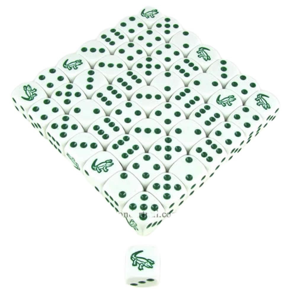 Alligator Dice White Opaque with Green Pips D6 16mm (5/8in) Bulk Pack of 50 Koplow Games