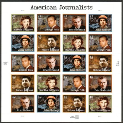 American Journalists, Full Sheet of 20 x 42-Cent Postage Stamps, USA 2008, Scott 4248-52