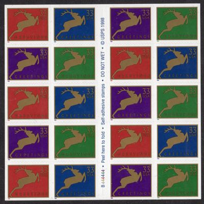 USPS Christmas Deer Booklet of Twenty 33 Cent Stamps (1999) Scott 3363a