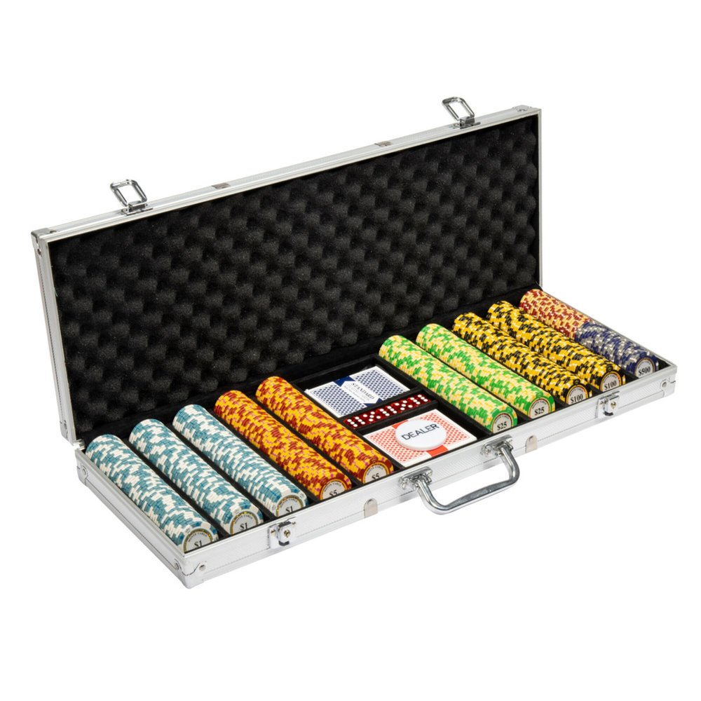 Brybelly 14 Gram 500 Count Poker Set - Monte Carlo - 14G Clay Composite Chips with Aluminum Case, Playing Cards, Dealer Button for Poker, Texas Hold'em, Blackjack, Casino Games at Home