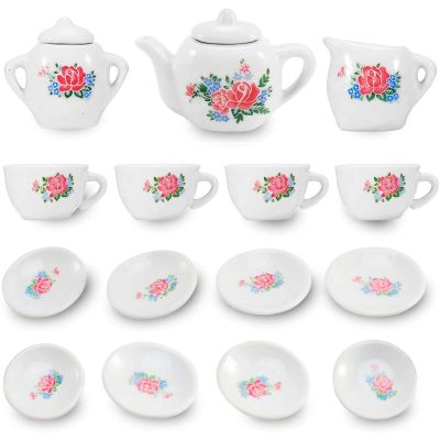 17 Pieces Floral Miniature Porcelain Ceramic Tea Set - Pretend Play Kids Toy Mini Kitchen Playset, Fun Doll Dramatic Play for Little Girls, Kids