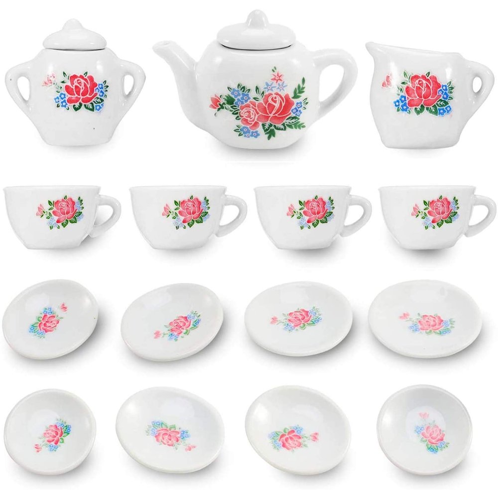17 Pieces Floral Miniature Porcelain Ceramic Tea Set - Pretend Play Kids Toy Mini Kitchen Playset, Fun Doll Dramatic Play for Little Girls, Kids