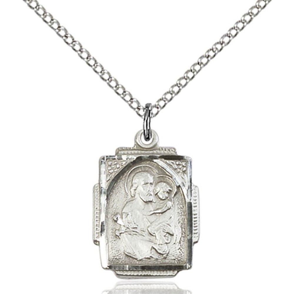 Bonyak Jewelry Sterling Silver St. Joseph Pendant 3/4 x 1/2 inches with 18 inch Sterling Silver Curb Chain