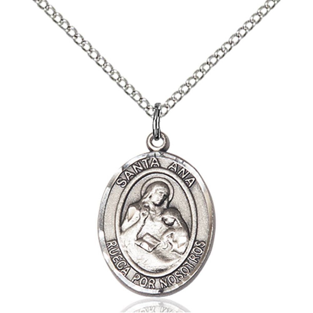 Bonyak Jewelry Saint Medal Collection Sterling Silver Santa Ana Pendant 3/4 x 1/2 inches with 18 inch Sterling Silver Curb Chain