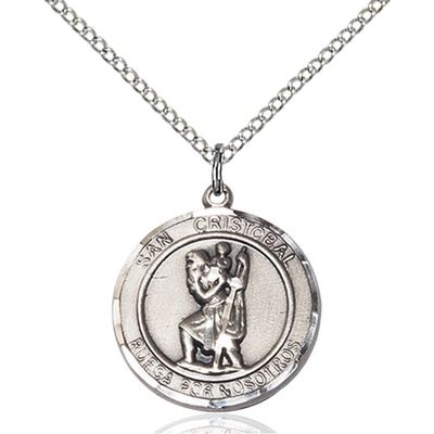 Bonyak Jewelry Saint Medal Collection Sterling Silver San Cristobal Pendant 3/4 x 5/8 inches with 18 inch Sterling Silver Curb Chain