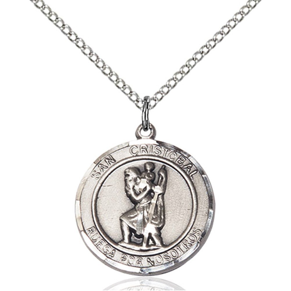 Bonyak Jewelry Saint Medal Collection Sterling Silver San Cristobal Pendant 3/4 x 5/8 inches with 18 inch Sterling Silver Curb Chain