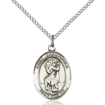 Bonyak Jewelry Saint Medal Collection Sterling Silver St. Christopher Pendant 3/4 x 1/2 inches with Sterling Silver Lite Curb Chain