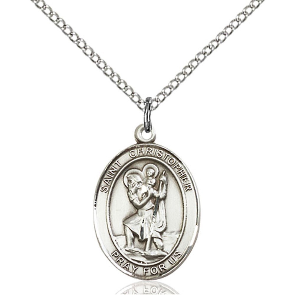 Bonyak Jewelry Saint Medal Collection Sterling Silver St. Christopher Pendant 3/4 x 1/2 inches with Sterling Silver Lite Curb Chain