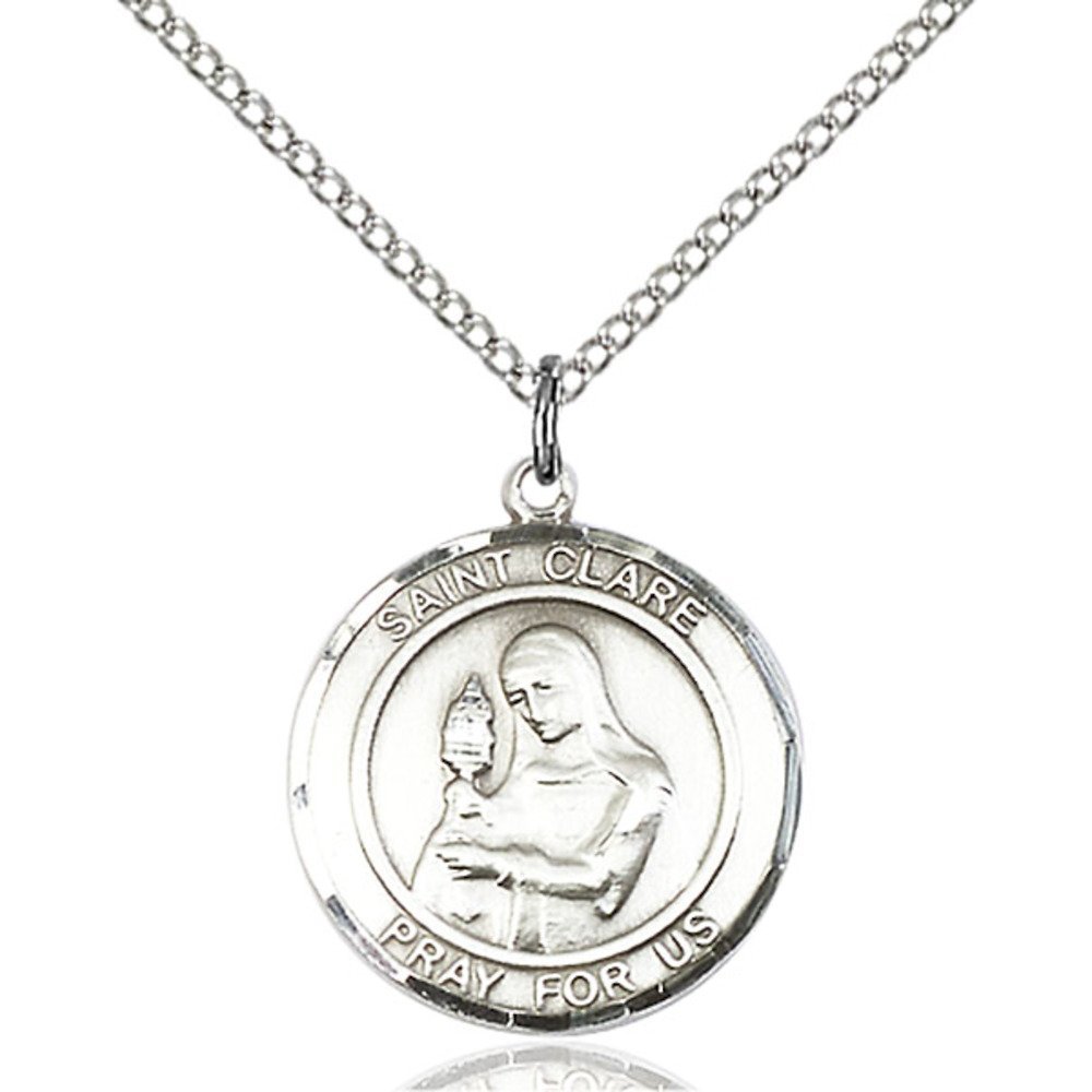 Bonyak Jewelry Saint Medal Collection Sterling Silver St. Clare of Assisi Pendant 3/4 x 5/8 inches with 18 inch Sterling Silver Curb Chain