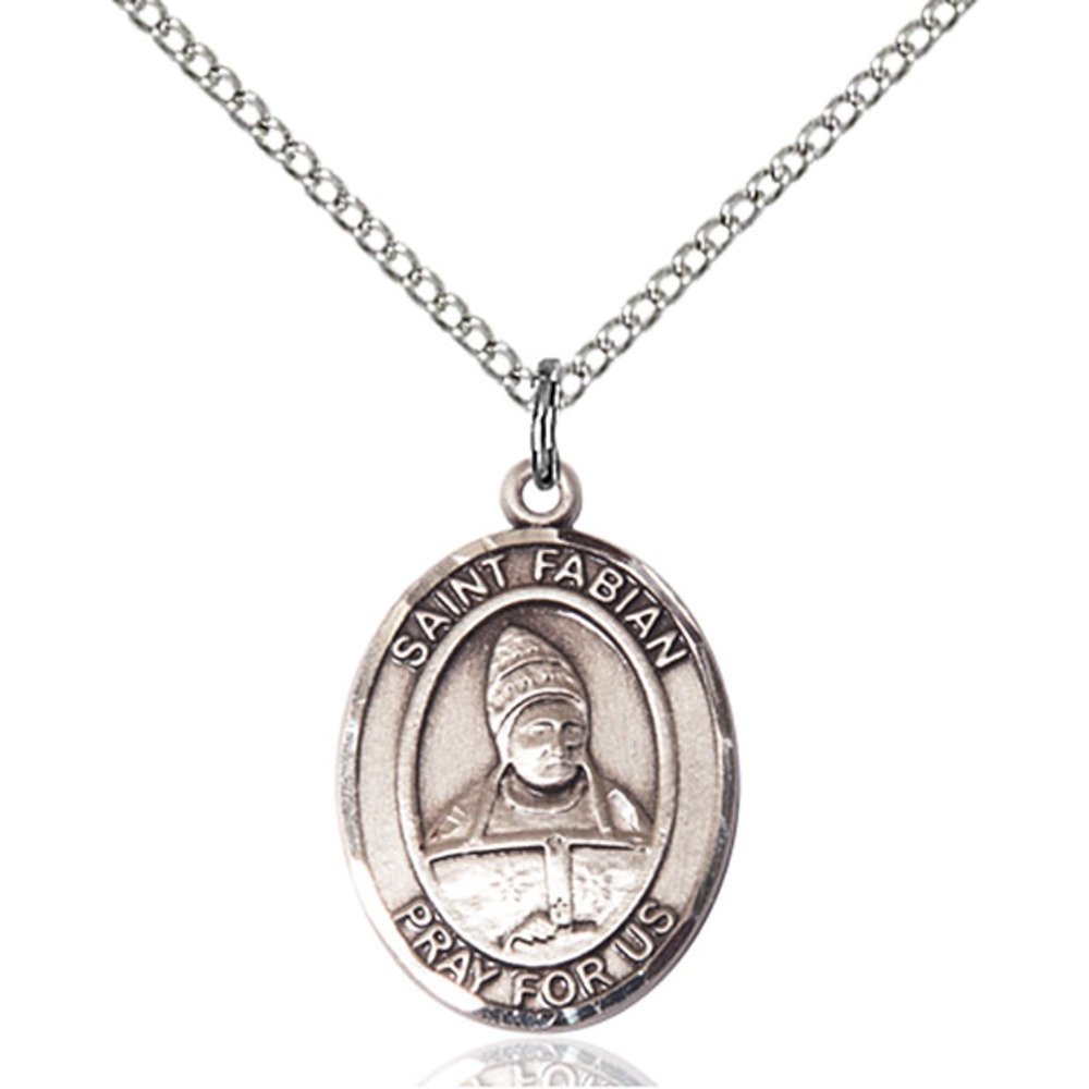 Bonyak Jewelry Saint Medal Collection Sterling Silver St. Fabian Pendant 3/4 x 1/2 inches with 18 inch Sterling Silver Curb Chain